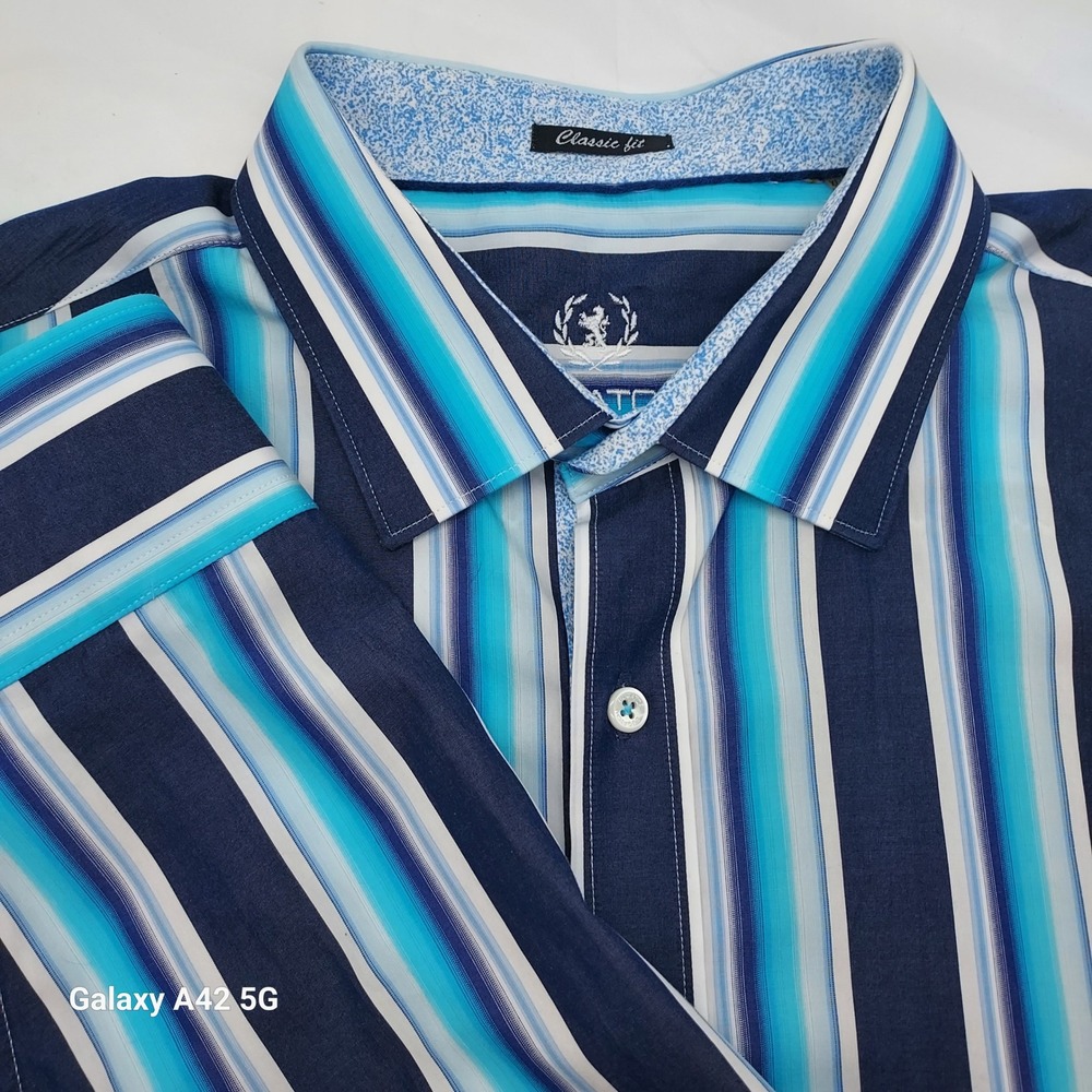 Bugatchi‎ Uomo Mens XL Classic Fit Blue Striped Long Sleeve Button Down Shirt